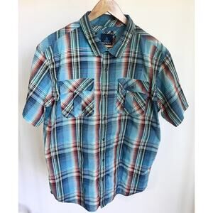 Prana Button Up Shirt Mens XL Blue Red  Country Plaid Short‎ Sleeve  Organic
